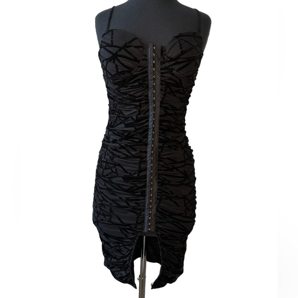 Fiestar Hook & Eye Corset Bodycon Velvet Detail Dress Black Whimsigoth Sz M & L